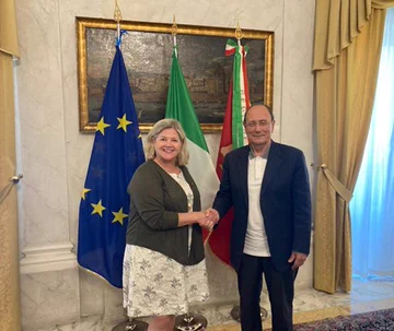 Hamilton Mayor Andrea Horwath meets Sicily's President Renato Schifani on July 7. She said he "spoke about his fondness for Canada and we discussed opportunities for further economic development between Hamilton and Sicily." COURTESY ANDREA HORWATH VIA TWITTER