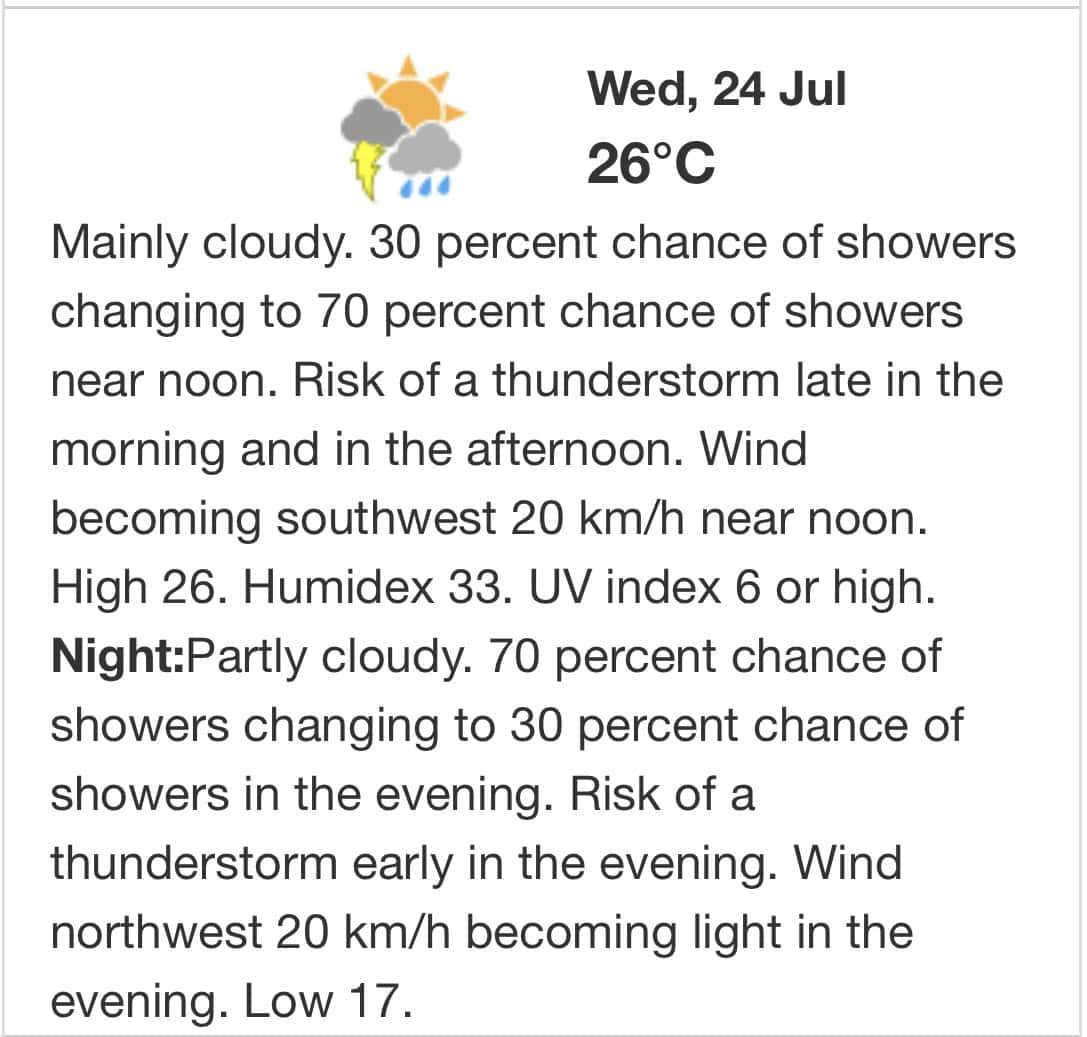 Ontario, Mississauga, Environment Canada, weather, forecast, showers, cloudy, thunderstorms, 