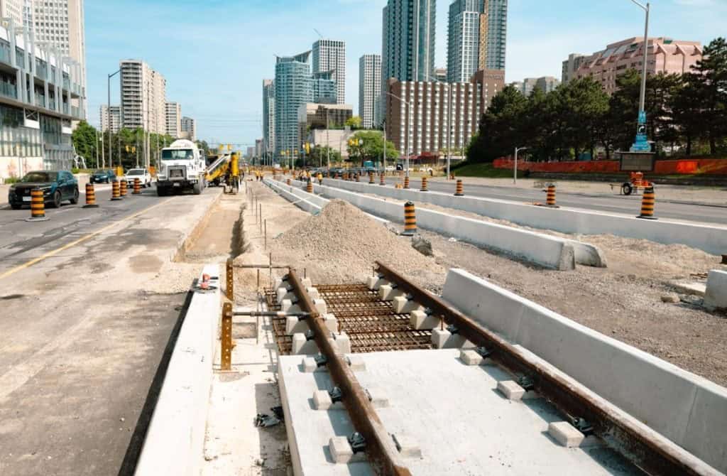 Lane reductions at busy intersection by Square One in Mississauga.