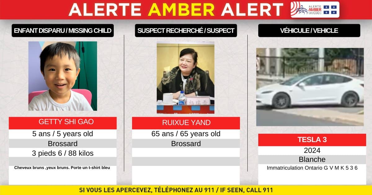 amber alert quebec ontario tesla 5 year old