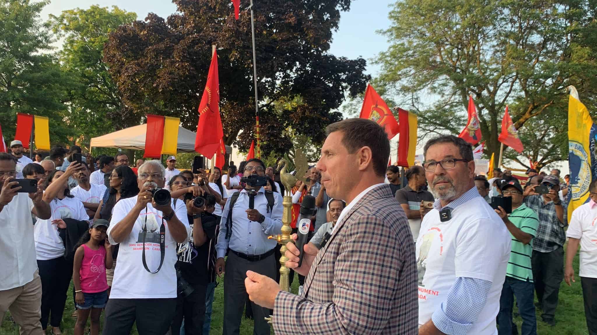 Brampton Mayor Patrick Brown (centre) and Coun. Pat Fortini (right) at the Tamil Genocide Memorial foundation stone laying ceremony on Aug. 14, 2024.