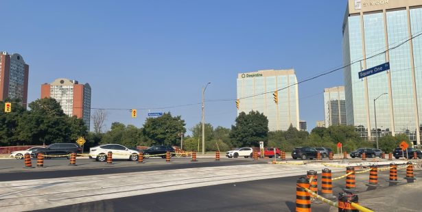 Hazel LRT construction near Square One in Mississauga.