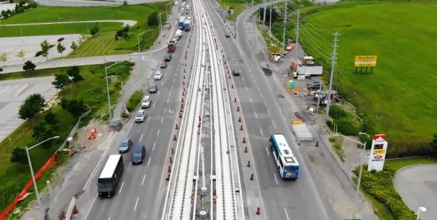 Aerial view Hazel McCallion Line LRT in Mississauga.