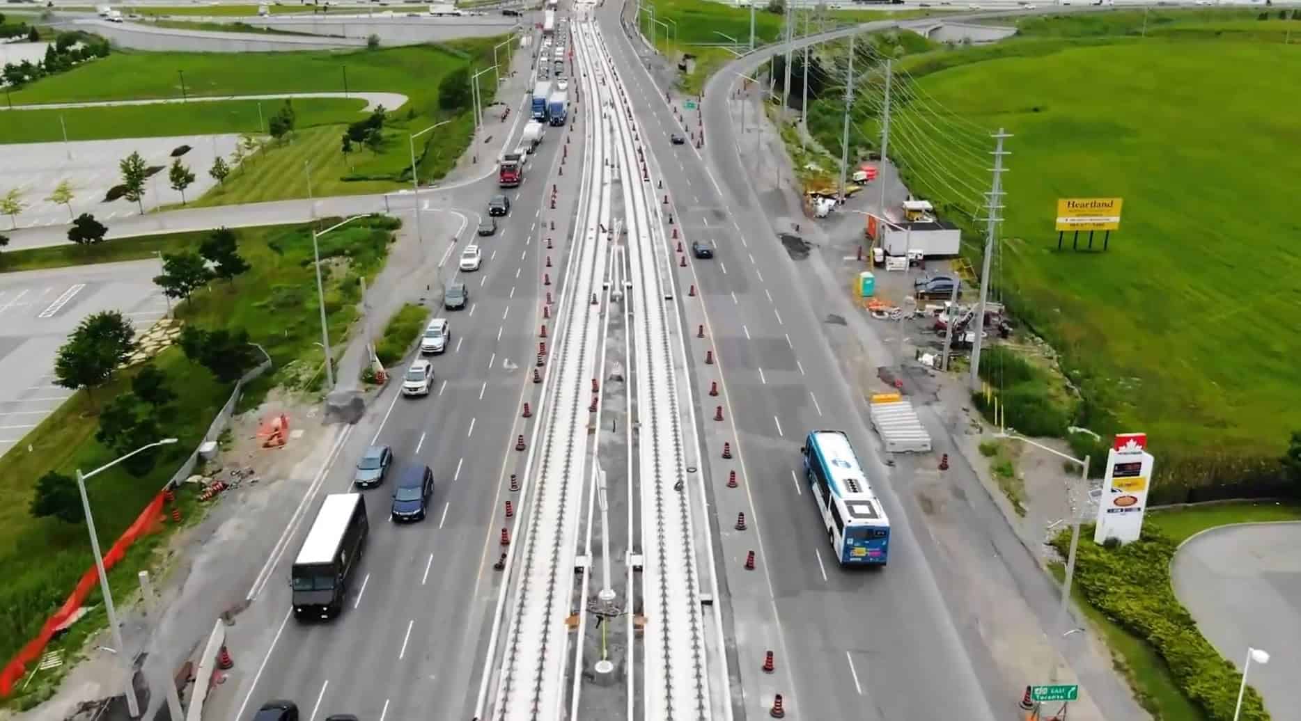 Aerial view Hazel McCallion Line LRT in Mississauga.